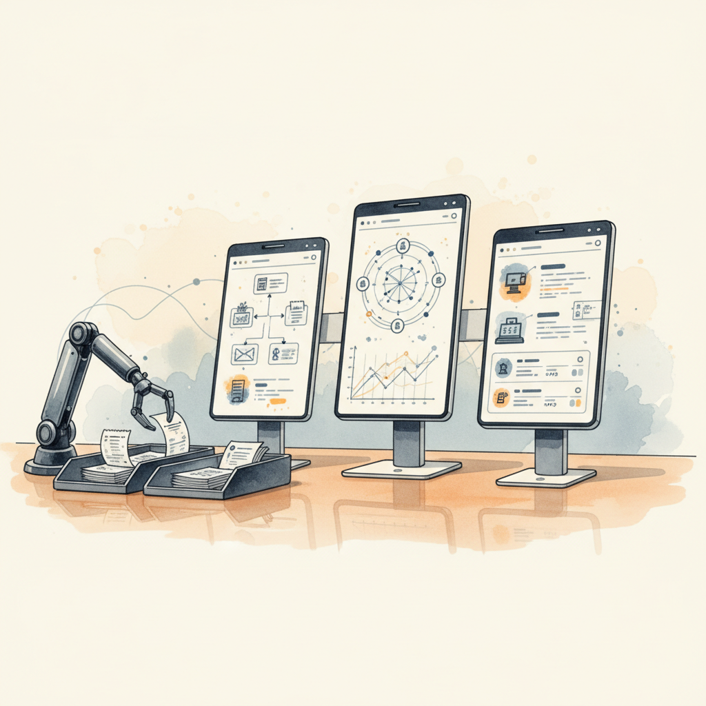 Watercolour illustration of AI-powered bookkeeping tools and automation