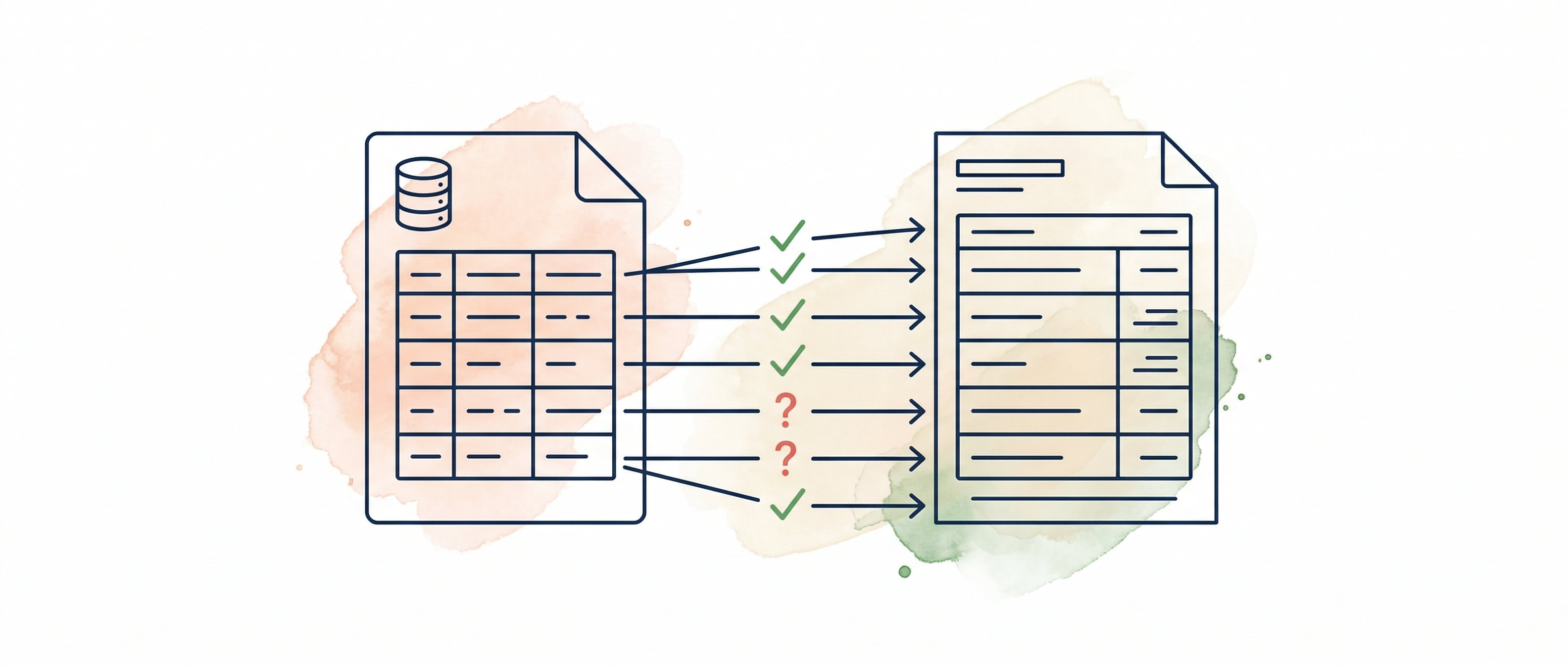 Watercolour illustration of CSV data matching arrows connecting bank statement to accounting records