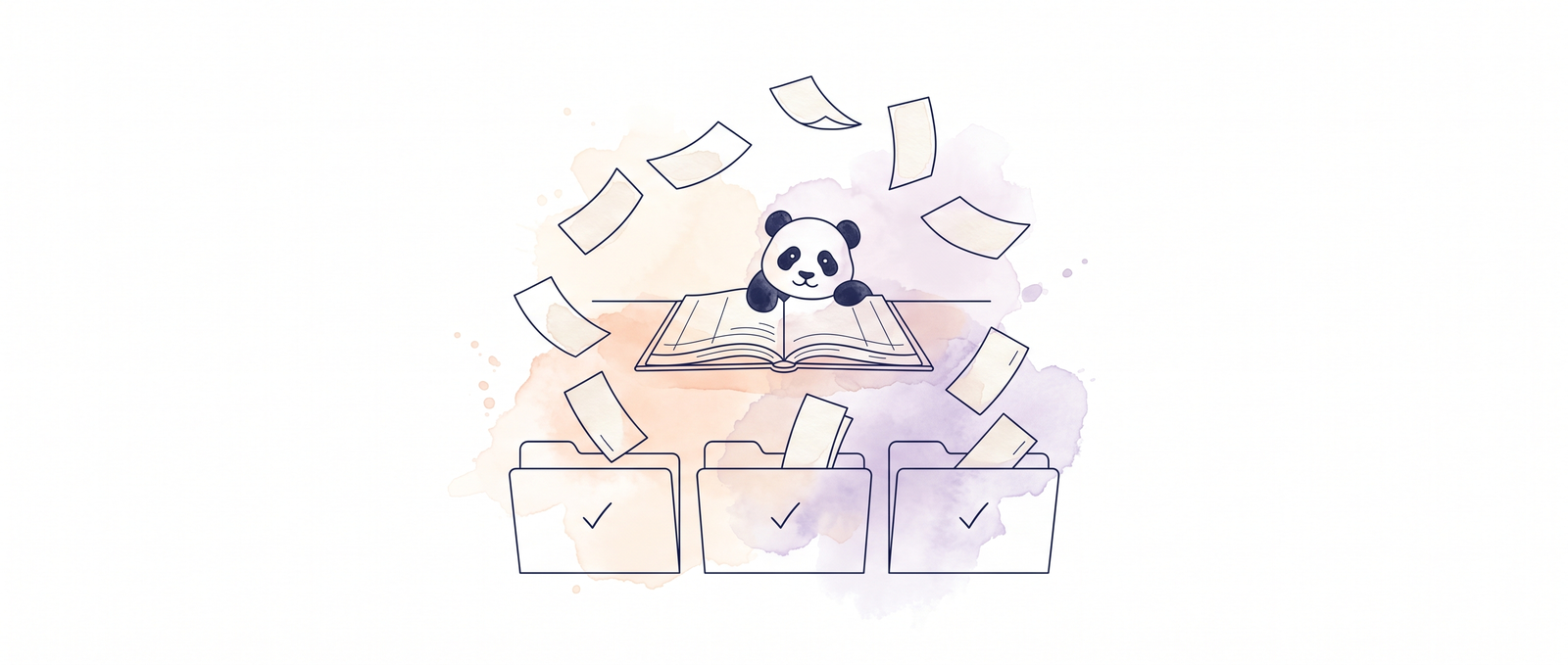 Watercolour illustration of a panda peeking over an open accounting ledger as transaction slips drop into folders