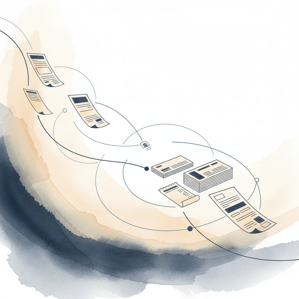 Watercolour illustration of invoices matching with payment records