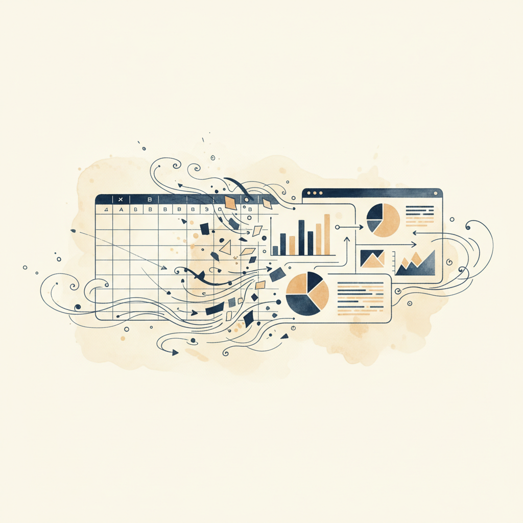 Watercolour illustration of spreadsheets transforming into modern dashboards