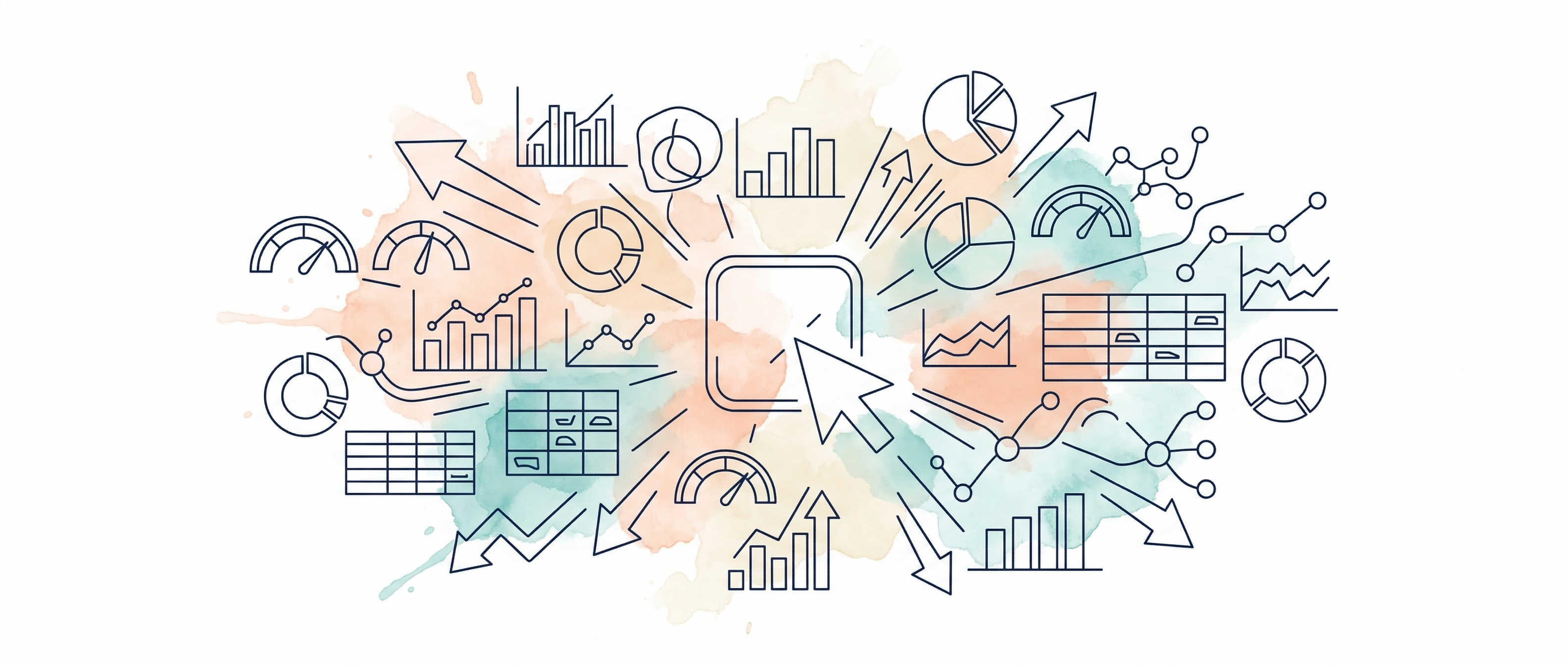 Watercolour illustration of financial analysis dashboards radiating from a single click