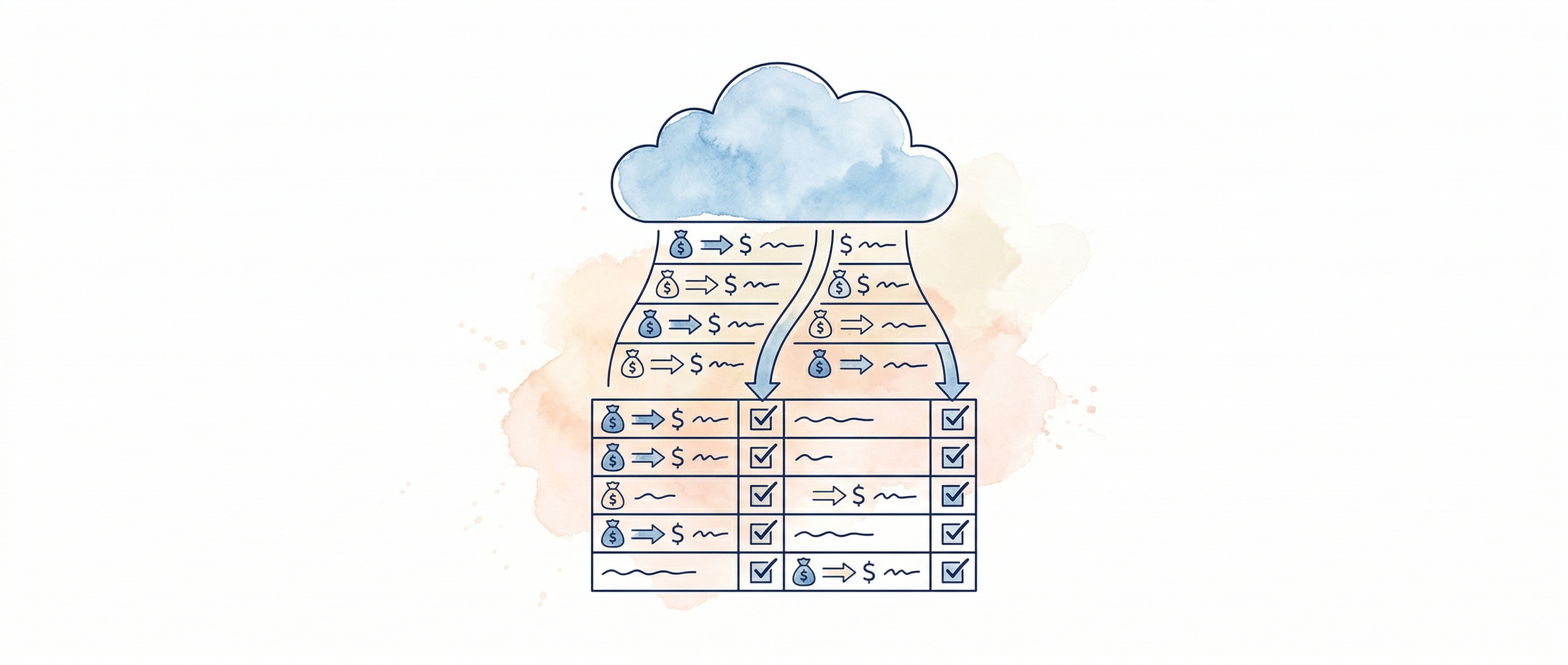 Watercolour illustration of cloud-based bank transactions reconciling into a matching grid