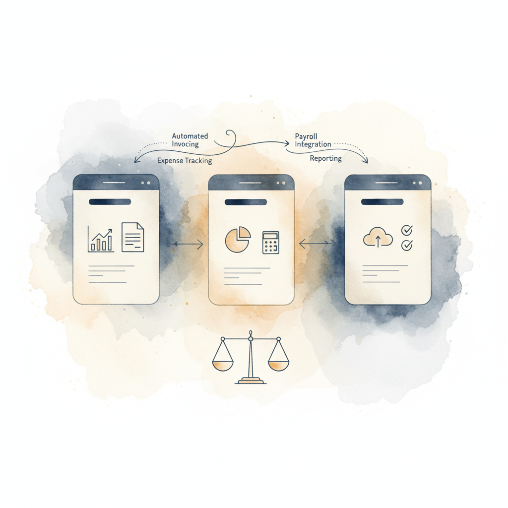 Watercolour illustration comparing three accounting platforms side by side