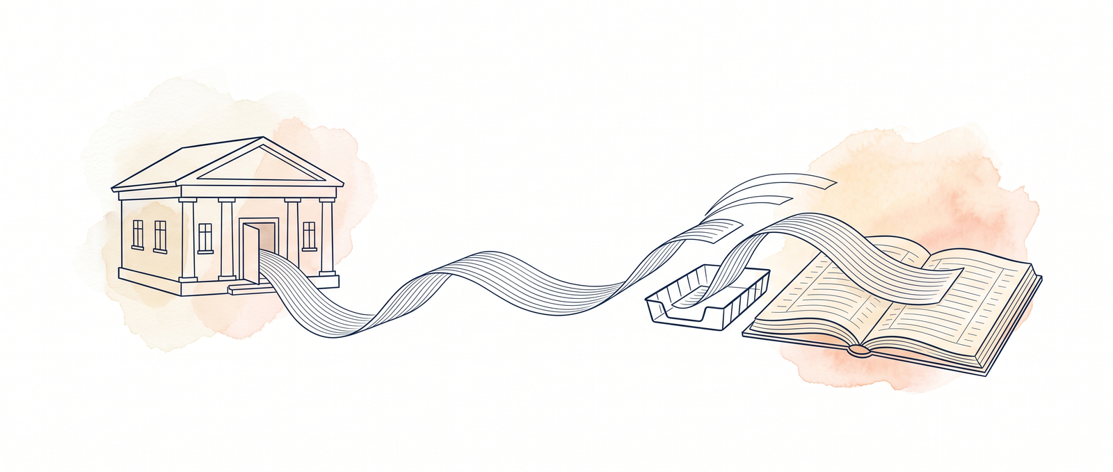 Watercolour illustration of bank transaction lines flowing along a ribbon from a bank building into an open ledger, with a few lines resting in a side tray