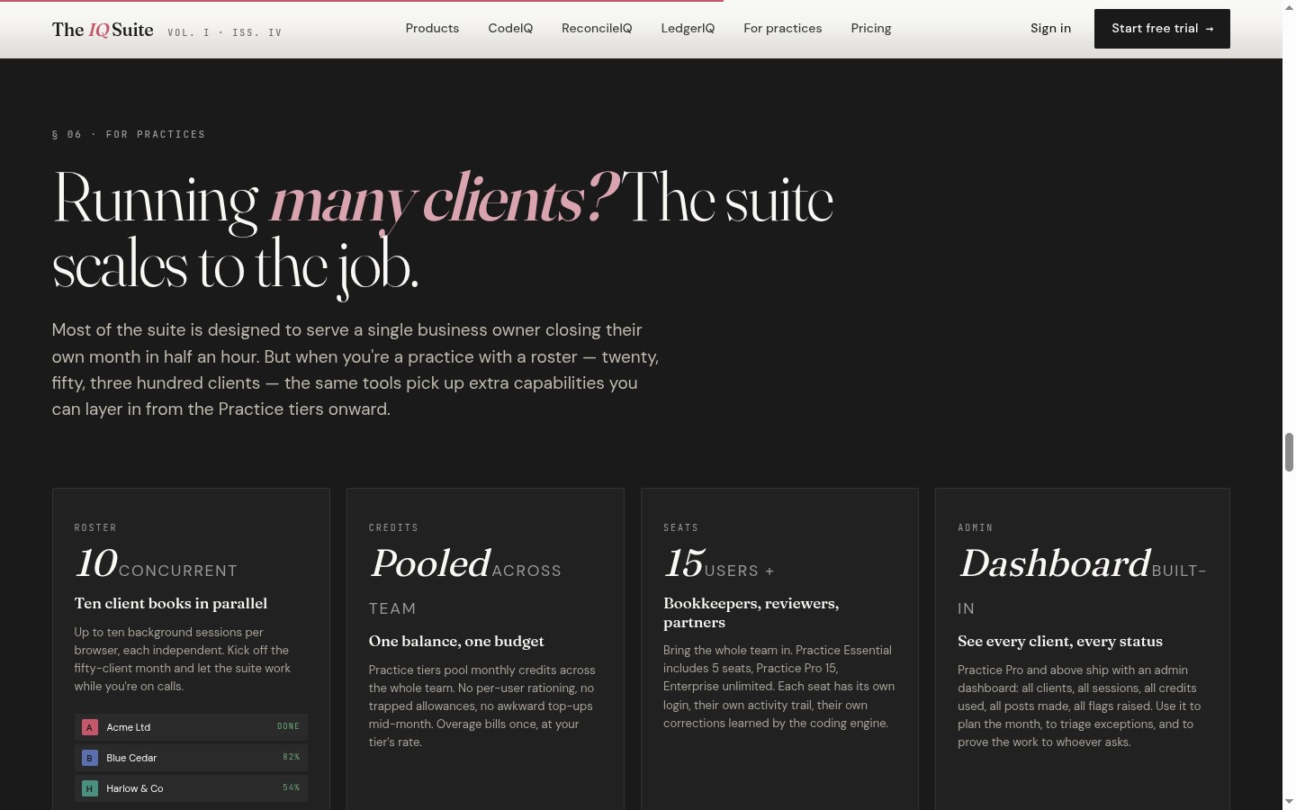 The IQ Suite practice edition showing concurrent client work, credits, seats and admin controls