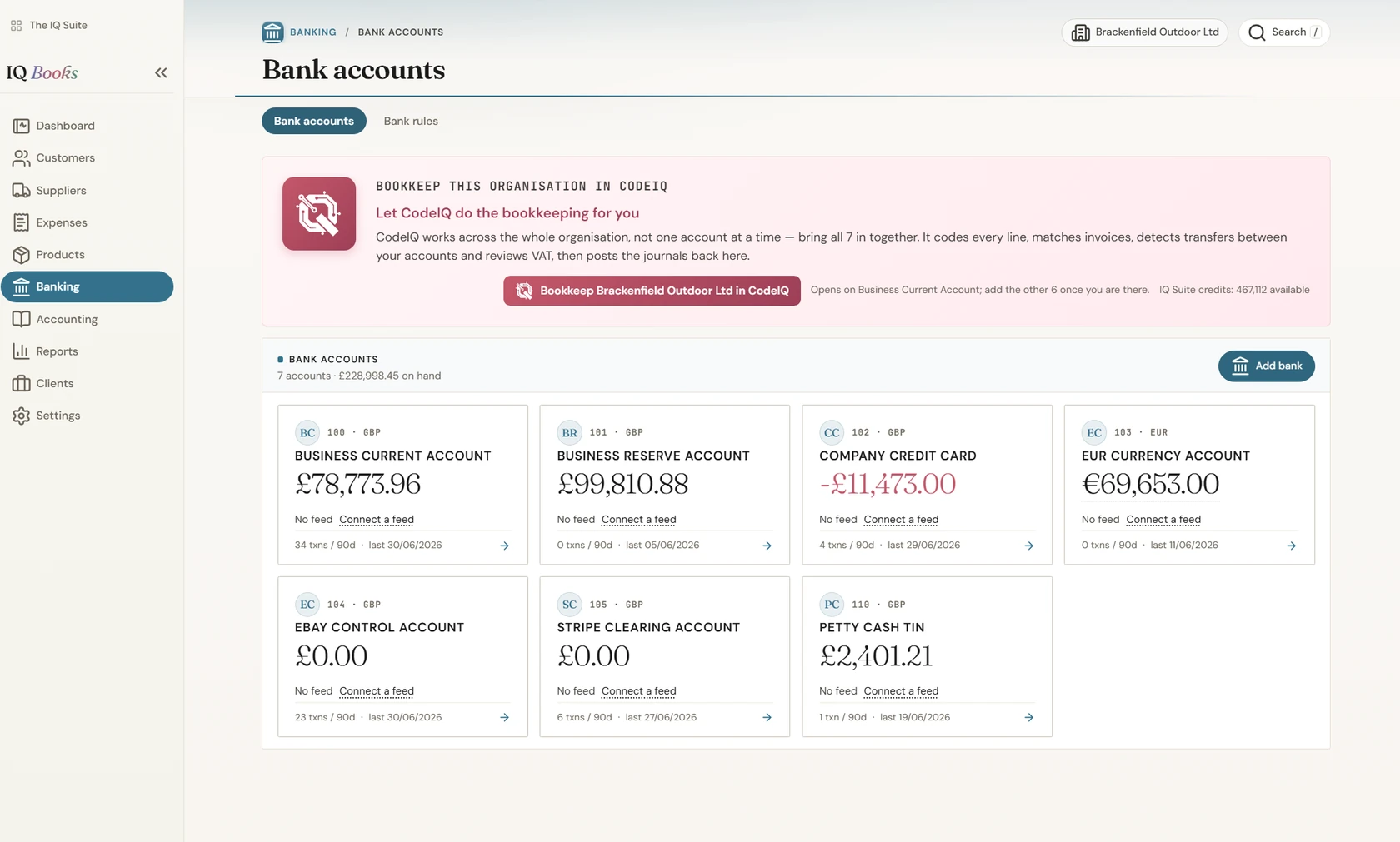 IQ Books banking: seven bank accounts with balances, transaction counts and the date each was last brought up to date