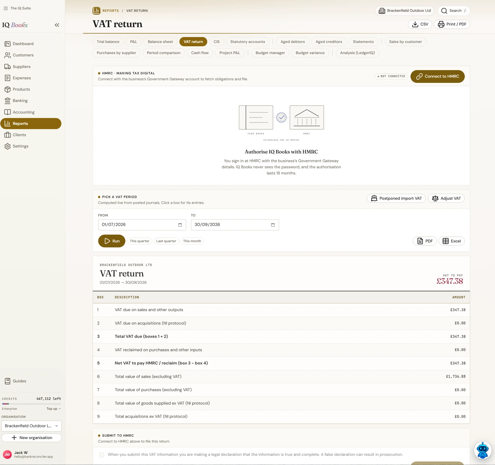 IQ Books VAT return: the VAT100 boxes calculated as it codes, ready to file under Making Tax Digital
